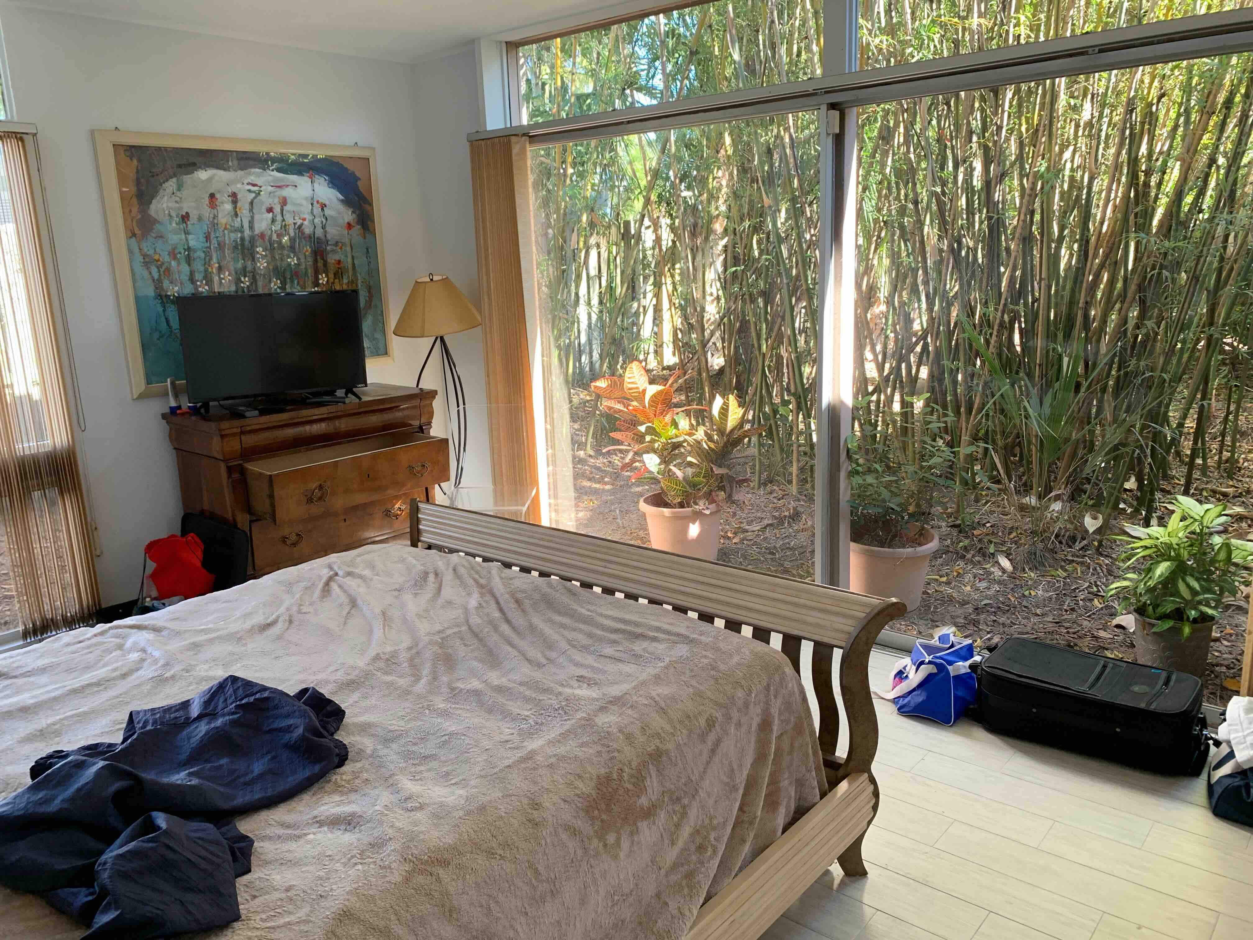 View of our bedroom with the large windows facing the canal