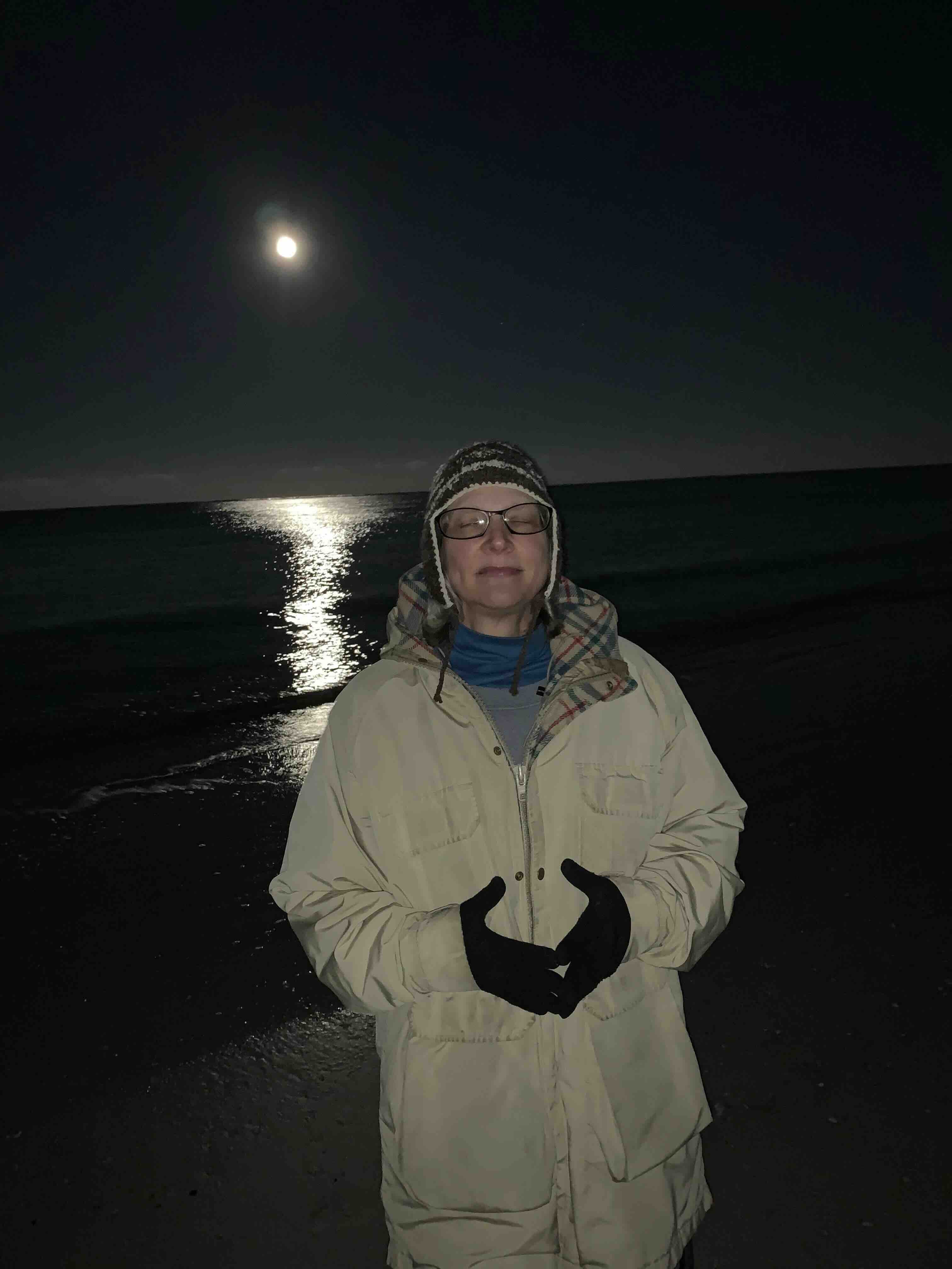 Marcia dressed for the cold moonlight of the early morning.