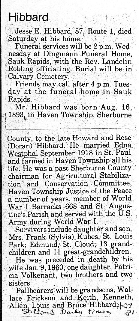 Obit for Jesse Hibbard