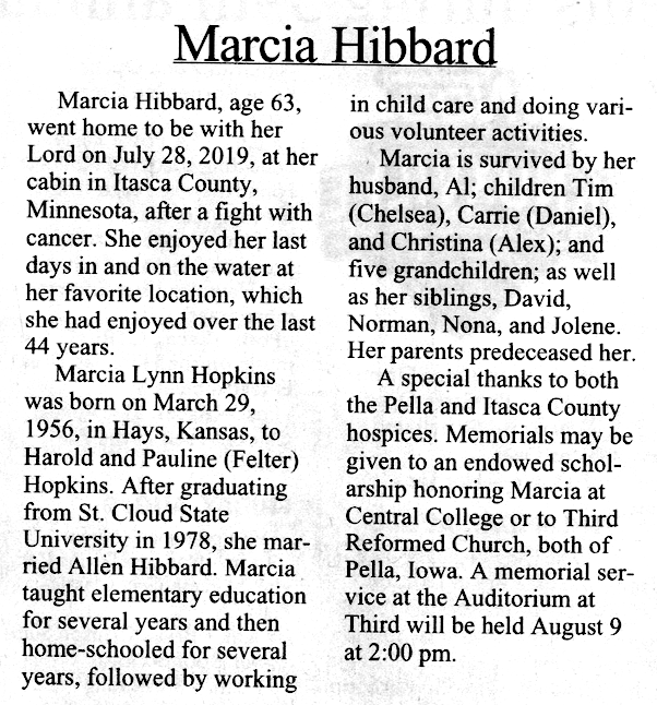 Obit for Marcia Hopkins Hibbard