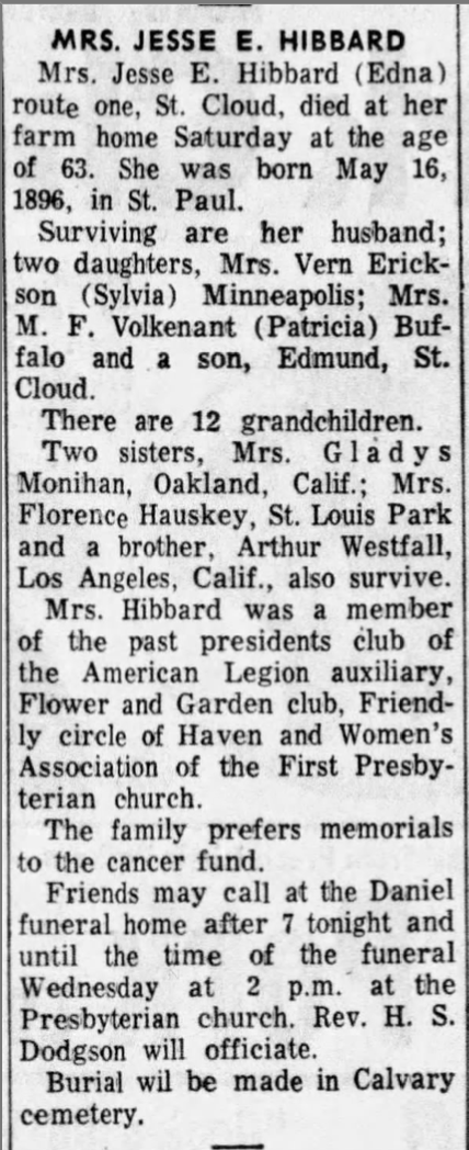 Obit for Edna Westphal Hibbard