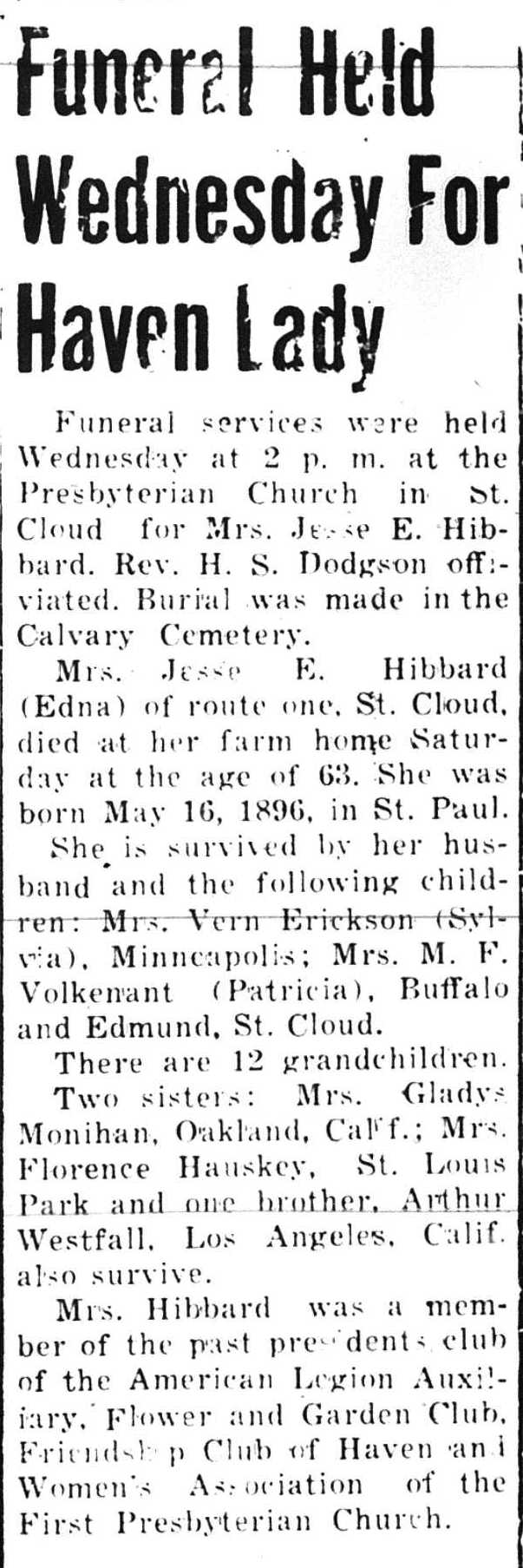 Obit for Edna Westphal Hibbard